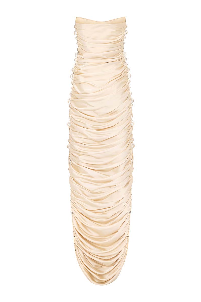 LACE-UP BEIGE RUCHED GOWN - CULT MIA