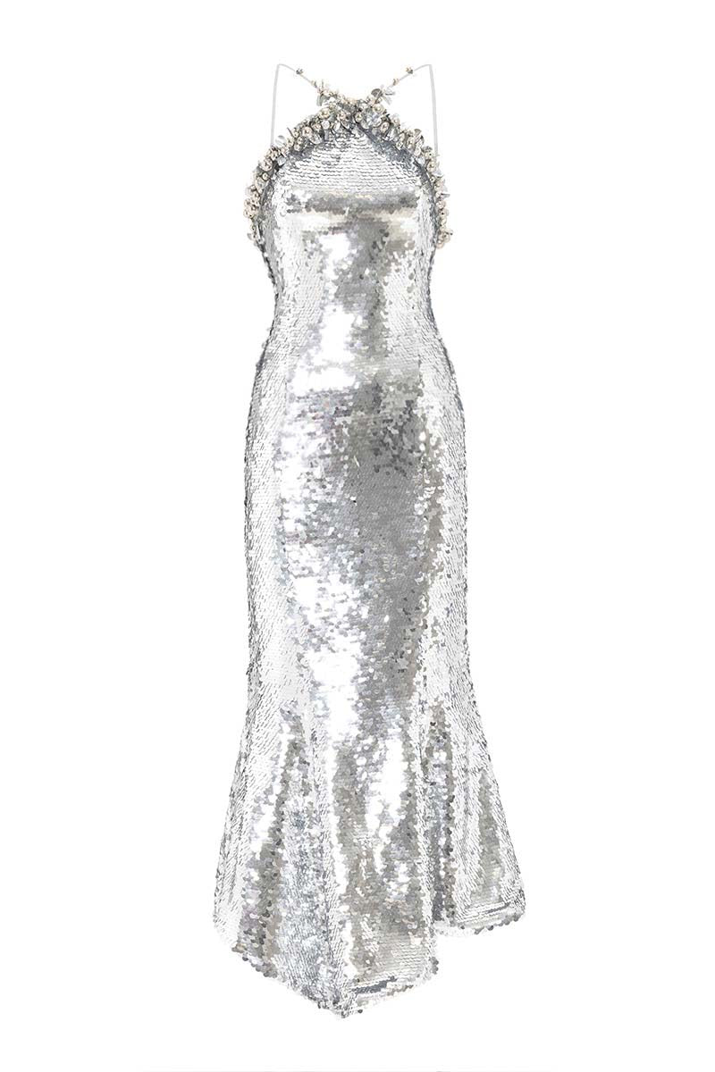 HALTERNECK MIDI DRESS IN SILVER - CULT MIA