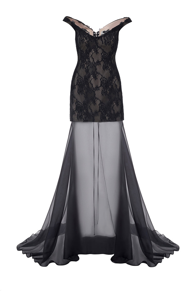 LACE AND CHIFFON DRESS IN BLACK | CULT MIA