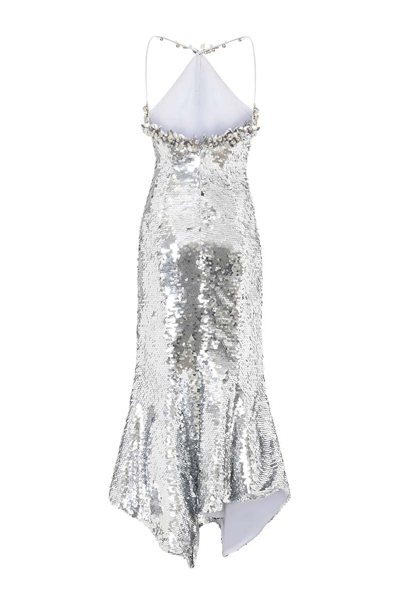 HALTERNECK MIDI DRESS IN SILVER - CULT MIA