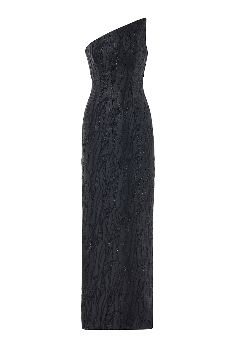 ASYMMETRIC BROCADE DRESS IN BLACK - CULT MIA