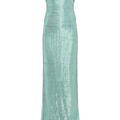 Mint green strapless maxi gown by Tayfun Kaba with flowing fabric and elegant design, perfect for formal occasions.