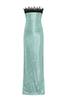 Mint green strapless maxi gown by Tayfun Kaba with flowing fabric and elegant design, perfect for formal occasions.