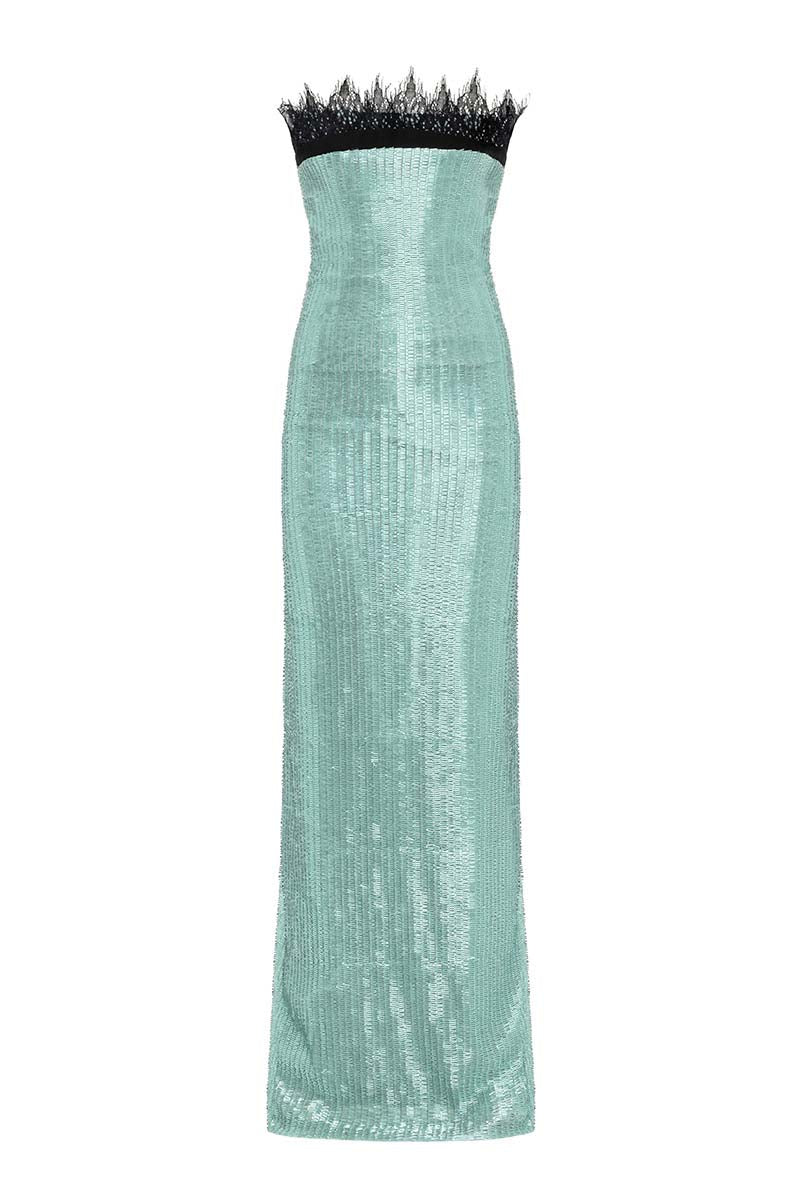 Mint green strapless maxi gown by Tayfun Kaba with flowing fabric and elegant design, perfect for formal occasions.