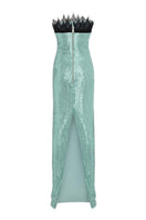 Mint green strapless maxi gown by Tayfun Kaba, flowing fabric with elegant design, perfect for formal occasions.