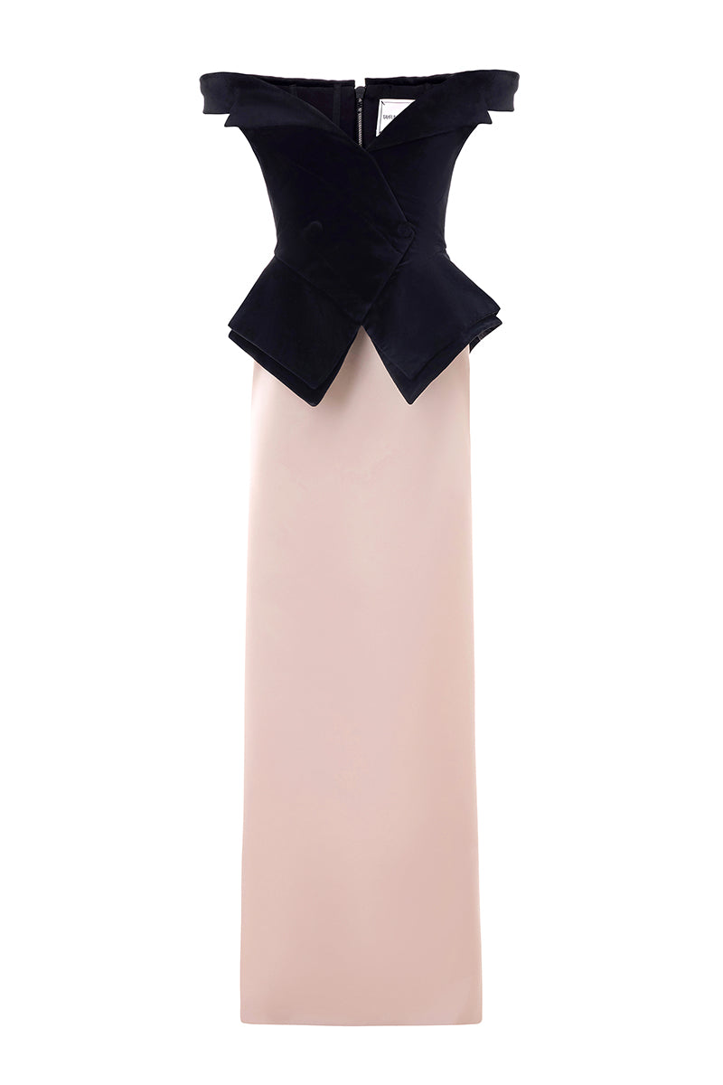 VELVET SATIN BATEAU DRESS IN BLACK NUDE - CULT MIA