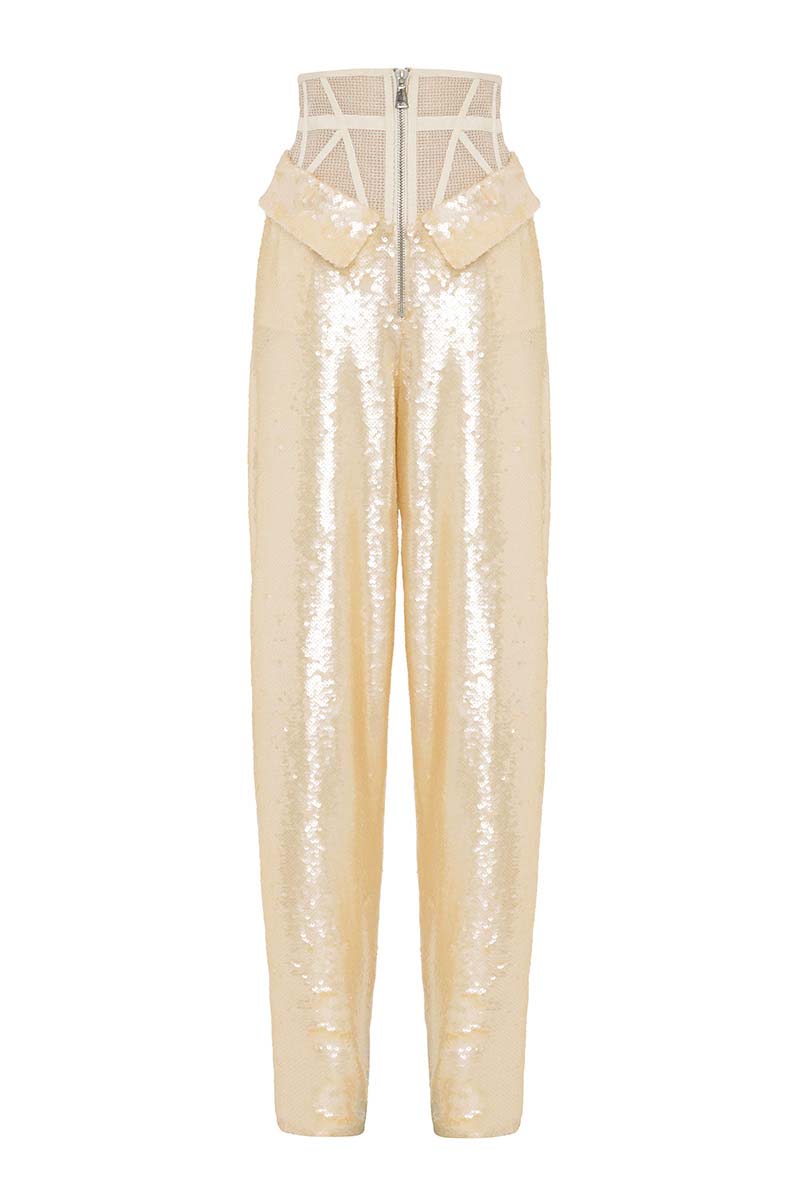 Tayfun Kaba cream corset pants featuring a fitted design and stylish silhouette, perfect for a chic and modern look.