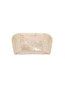 Cream sequined bandeau top by Tayfun Kaba, strapless design with shimmering sequins, shown on a model.