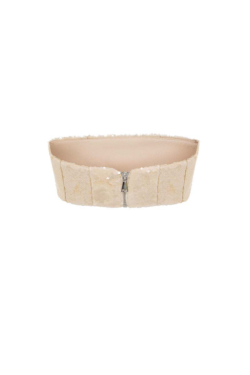Cream sequin strapless bandeau top by Tayfun Kaba, featuring sparkling sequins and a sleek, fitted design.