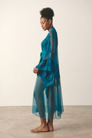 Teal mesh kimono robe by Luciela, lightweight and breathable with flowing sleeves and open front design.