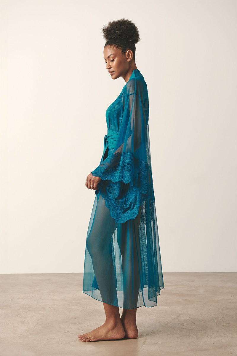 Teal mesh kimono robe by Luciela, lightweight and breathable with flowing sleeves and open front design.