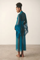 Teal mesh kimono robe by Luciela with lightweight, sheer fabric and relaxed fit, perfect for stylish loungewear or layering.
