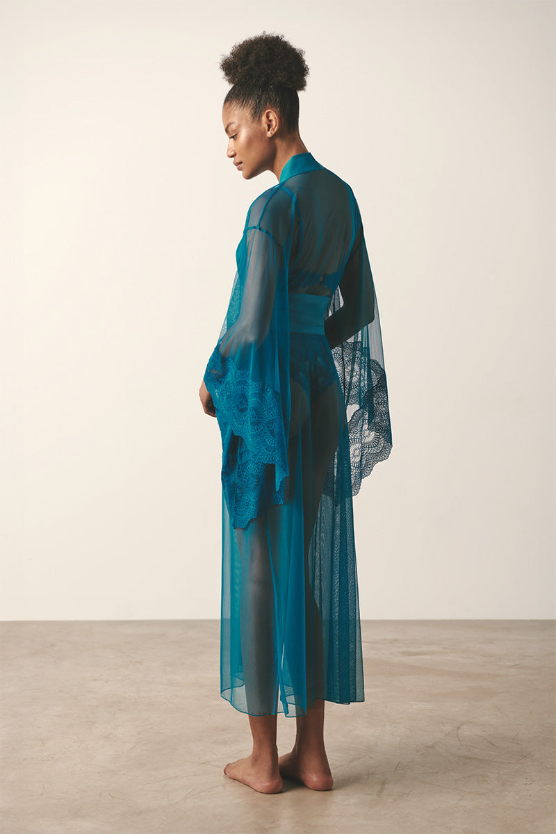 Teal mesh kimono robe by Luciela with lightweight, sheer fabric and relaxed fit, perfect for stylish loungewear or layering.