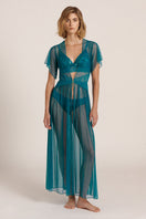 Teal mesh robe by Luciela, lightweight and sheer with long sleeves, displayed hanging with a relaxed fit for stylish loungewear