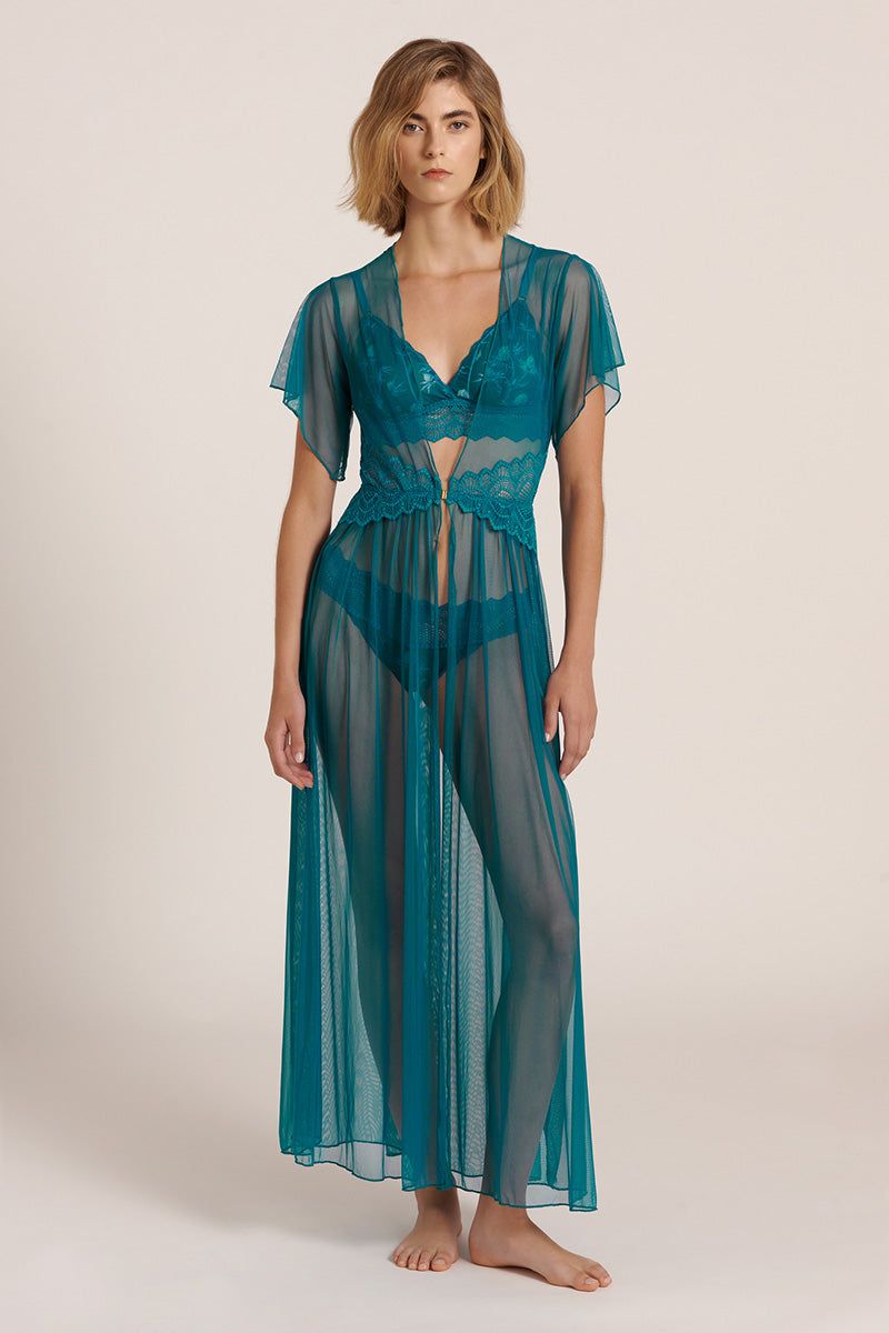 Teal mesh robe by Luciela, lightweight and sheer with long sleeves, displayed hanging with a relaxed fit for stylish loungewear
