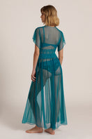 Teal green mesh robe by Luciela, lightweight and semi-transparent with long sleeves, displayed on a hanger.