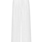 White Tessa pants by Izakova displayed flat, showing their sleek, tailored design and lightweight fabric.