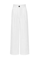 White Tessa pants by Izakova displayed flat, showing their sleek, tailored design and lightweight fabric.