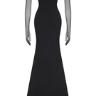 Elegant black evening gown by Margée Atelier with intricate lace details and flowing fabric, perfect for formal events.