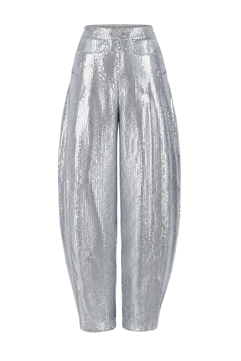 Izakova silver sequin Tijuana jeans pants with a shiny, decorative silver sequin design on the fabric.