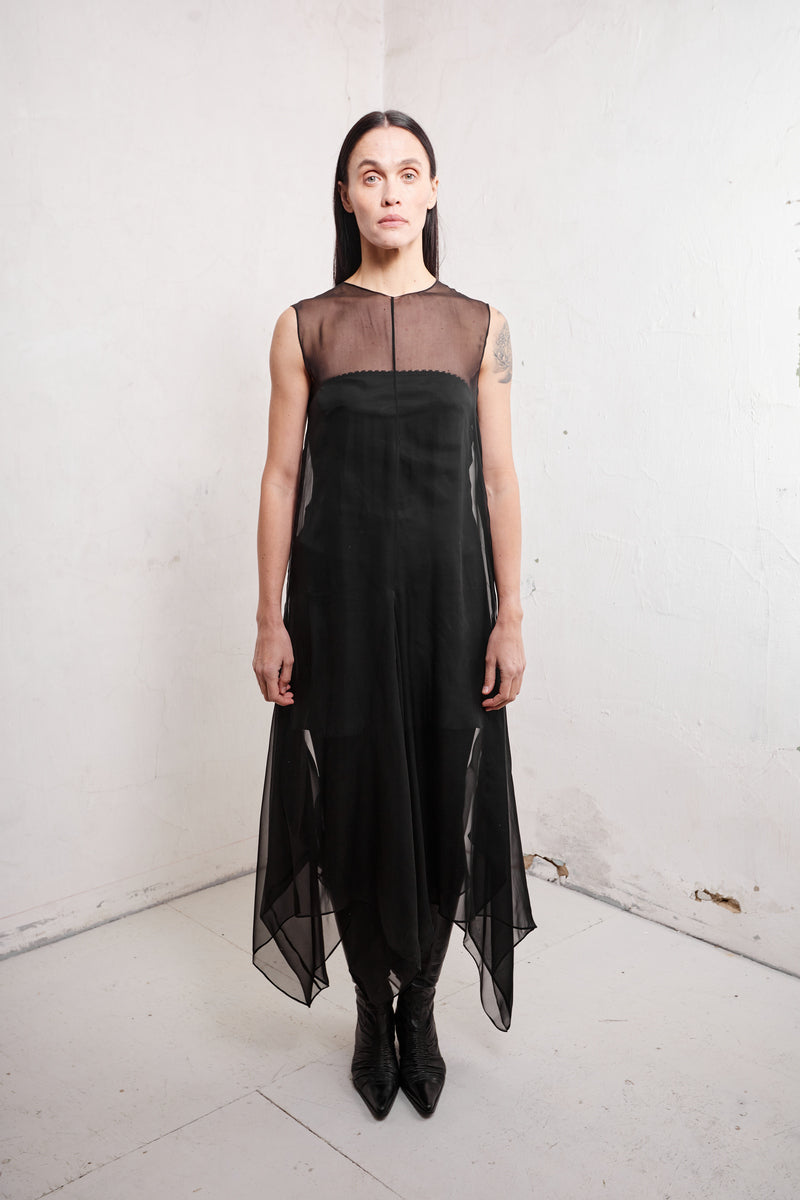 ANNE MAXI SILK CHIFFON DRESS WITH ASYMMETRIC BOTTOM - CULT MIA