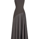 Brown slit curve maxi dress by TONYY featuring a stylish flowy design and elegant silhouette.