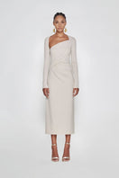 Creamy sand ribbed knit midi dress by TONYY, featuring a fitted silhouette and textured knit fabric, perfect for casual or dressy occasions.