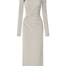 Creamy sand ribbed knit midi dress by TONYY, featuring a fitted silhouette and textured knit fabric.