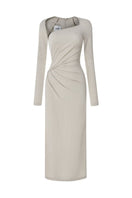 Creamy sand ribbed knit midi dress by TONYY, featuring a fitted silhouette and textured knit fabric.