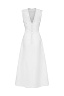 White pleating shoulder maxi dress by TONYY, flowing fabric, elegant design, perfect for summer or special occasions.