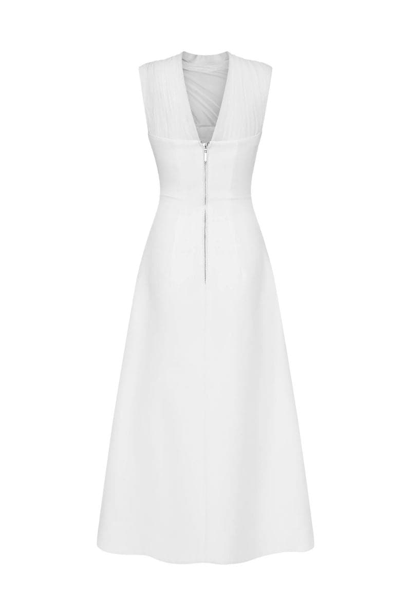 White pleating shoulder maxi dress by TONYY, flowing fabric, elegant design, perfect for summer or special occasions.