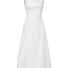 White pleating shoulder maxi dress by TONYY, featuring flowing fabric and elegant design, ideal for formal or casual occasions.