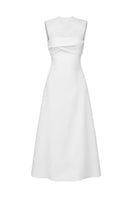 White pleating shoulder maxi dress by TONYY, featuring flowing fabric and elegant design, ideal for formal or casual occasions.