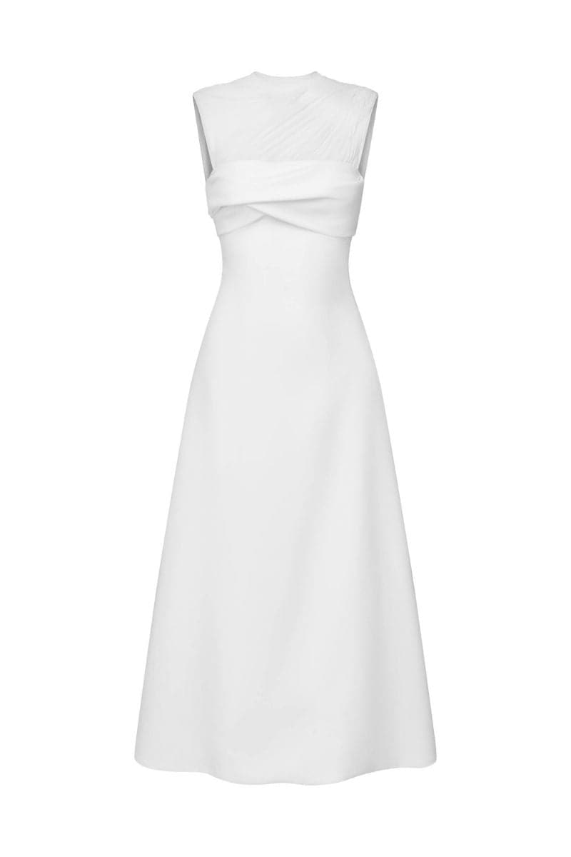 White pleating shoulder maxi dress by TONYY, featuring flowing fabric and elegant design, ideal for formal or casual occasions.