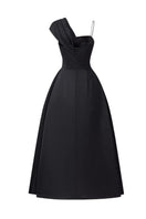 Black asymmetric crystal-embellished one-shoulder midi dress by Tracy Studio, featuring elegant embroidery and a stylish silhouette.