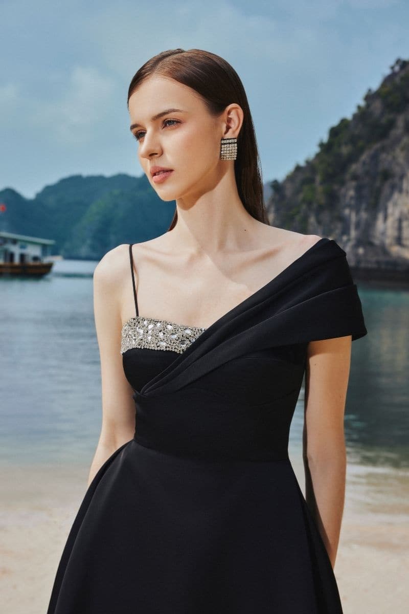 Black asymmetric crystal-embellished one-shoulder midi dress by Tracy Studio, featuring elegant embroidery and a sleek silhouette.