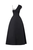Black asymmetric crystal-embroidered one-shoulder midi dress by Tracy Studio, featuring elegant design and intricate embellishments.