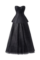 Black classic corset and flowing skirt co-ords set by Tracy Studio, styled with elegant fabric and fitted waist.
