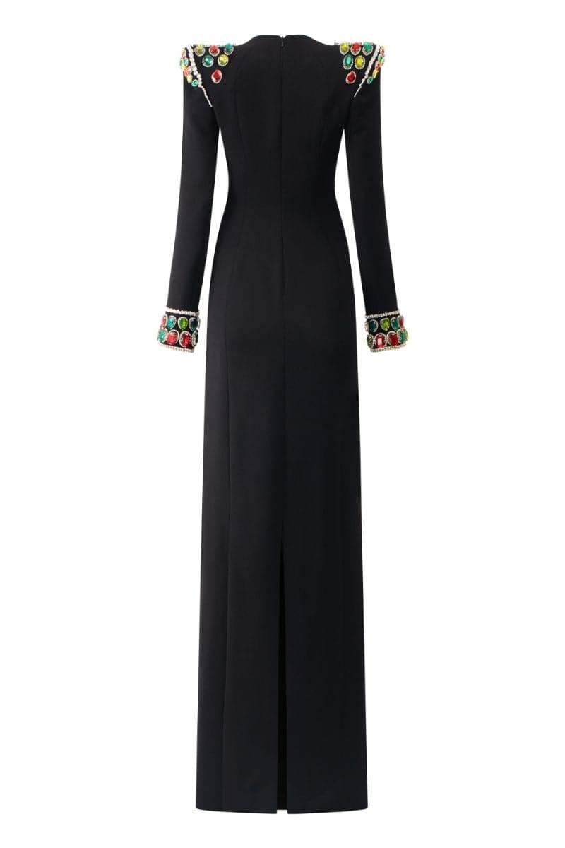 BLACK LONG SLEEVE STONE EMBELLISHED SHOULDER DRESS | Tracy Studio | CULT MIA