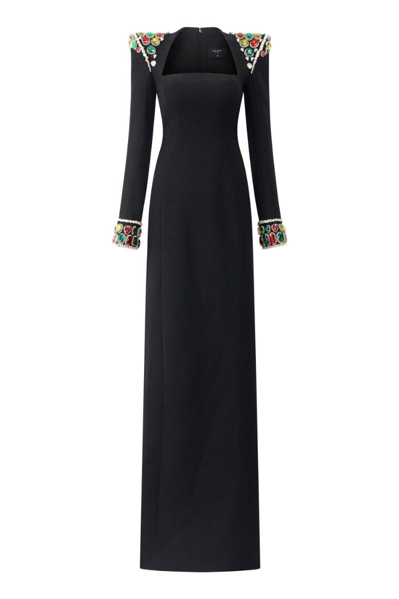 BLACK LONG SLEEVE STONE EMBELLISHED SHOULDER DRESS | Tracy Studio | CULT MIA