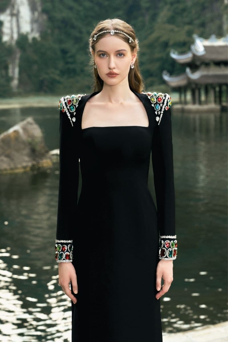 Tracy Studio Black LONG SLEEVE STONE EMBELLISHED SHOULDER DRESS | Cult Mia Tracy Studio Black LONG SLEEVE STONE EMBELLISHED SHOULDER DRESS | Cult Mia