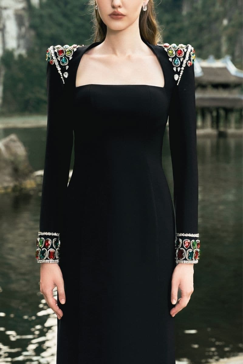 Tracy Studio Black LONG SLEEVE STONE EMBELLISHED SHOULDER DRESS | Cult Mia Tracy Studio Black LONG SLEEVE STONE EMBELLISHED SHOULDER DRESS | Cult Mia