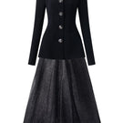 Black long sleeve blazer and skirt co-ord set by Tracy Studio, featuring a trapezoid neckline and tailored fit.
