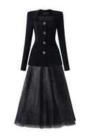 Black long sleeve blazer and skirt co-ord set by Tracy Studio, featuring a trapezoid neckline and tailored fit.