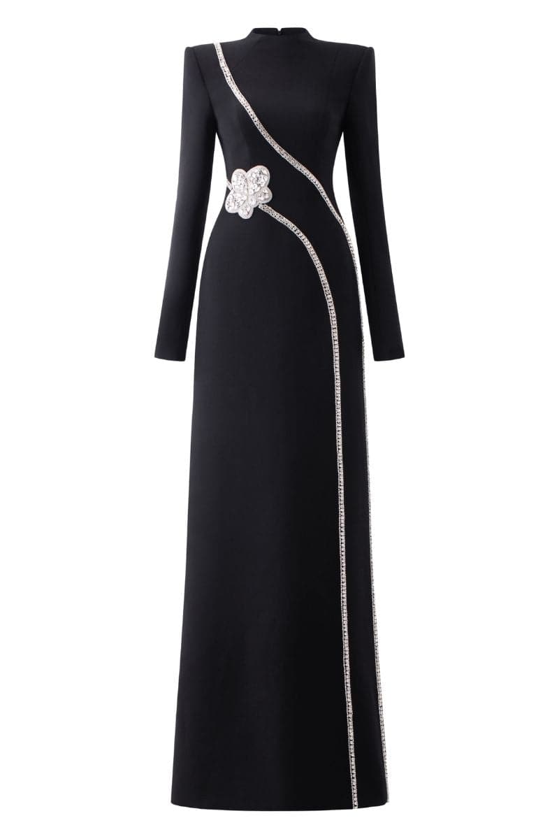 BLACK STONE EMBELLISHED PADDED SHOULDER DRESS | Tracy Studio | CULT MIA