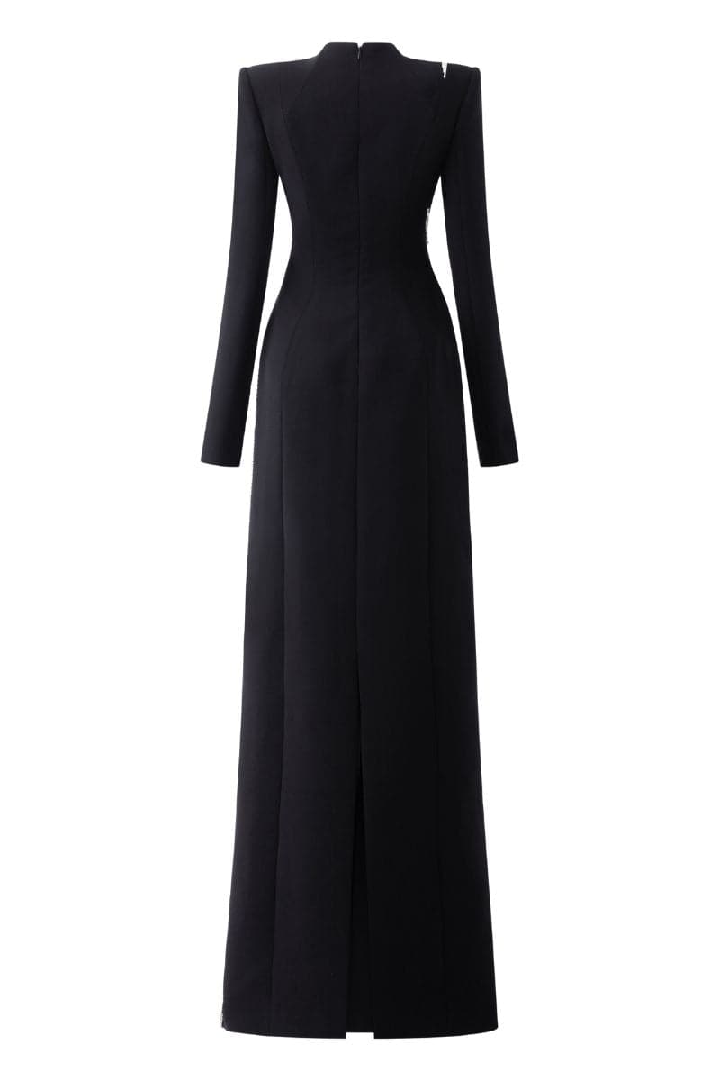 padded shoulder long sleeve dress Padded Shoulder V-neck S Long Dress LS