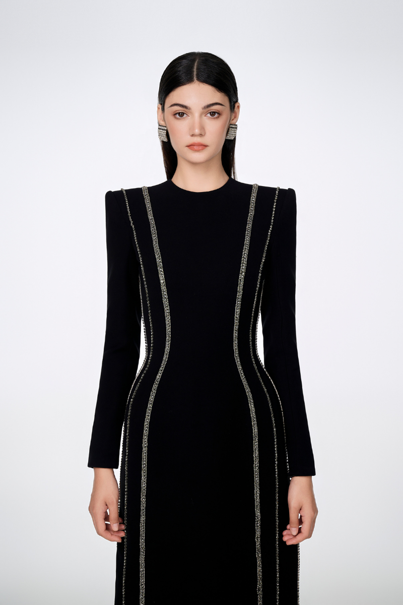 CRYSTAL - EMBELLISHED LONG SLEEVE BODYCON FULL DRESS | Tracy Studio | CULT MIA