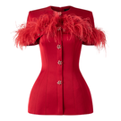 Red feather-embellished short-sleeve blazer by Tracy Studio, stylish tailored blazer with feather details, front view.
