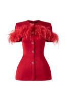 Red feather-embellished short-sleeve blazer by Tracy Studio, stylish tailored blazer with feather details, front view.