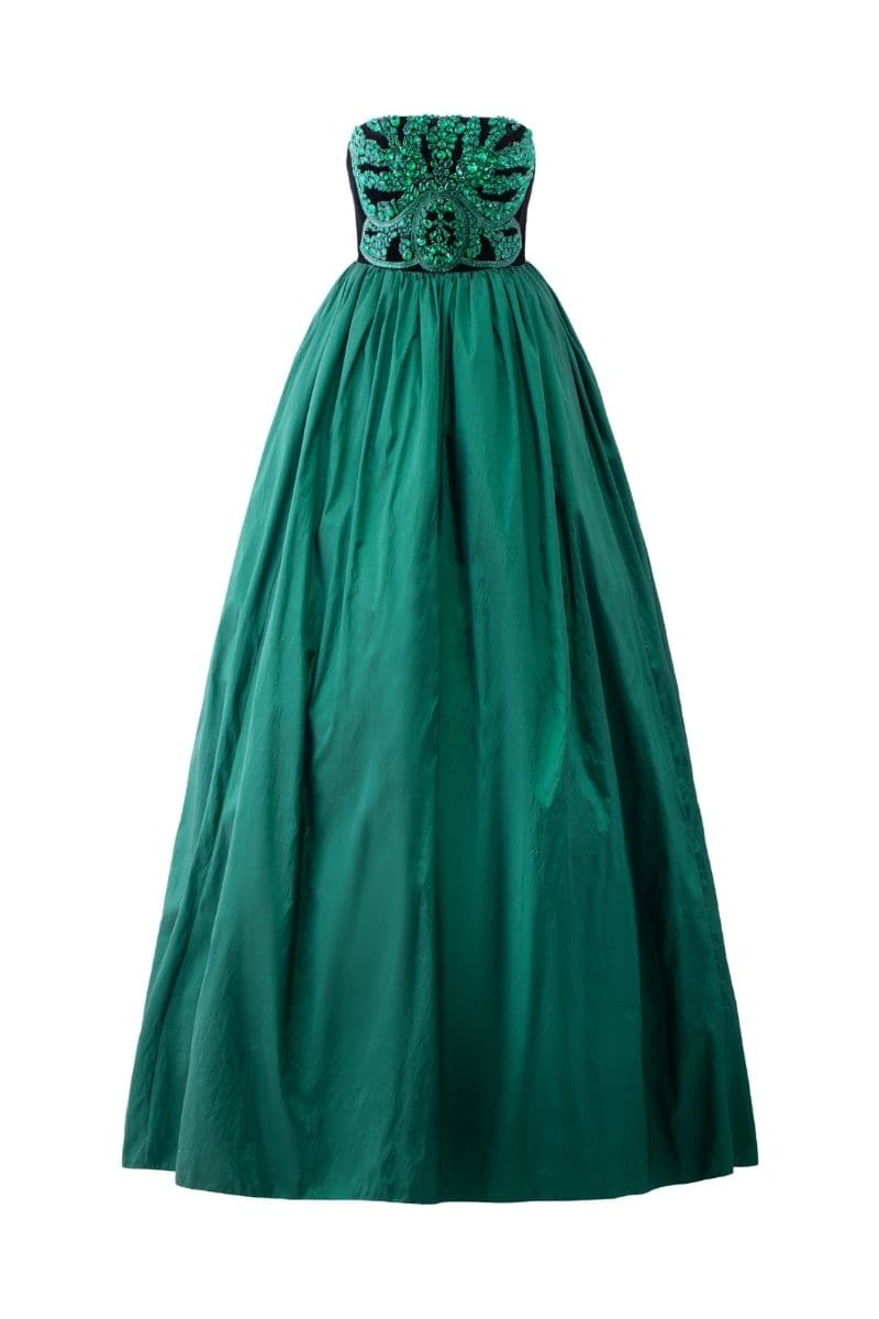 GREEN STRAPLESS STONE EMBELLISHED DRESS | Tracy Studio | CULT MIA
